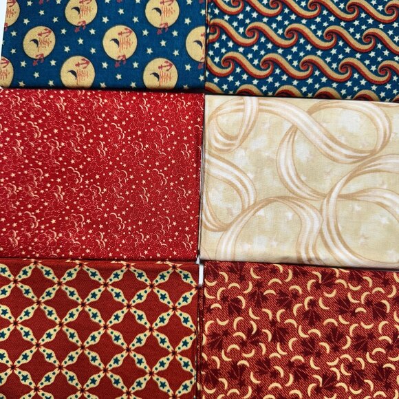 6 Fat Quarters Repro Prints Browns Tans Blue #17 - Picture 2 of 3